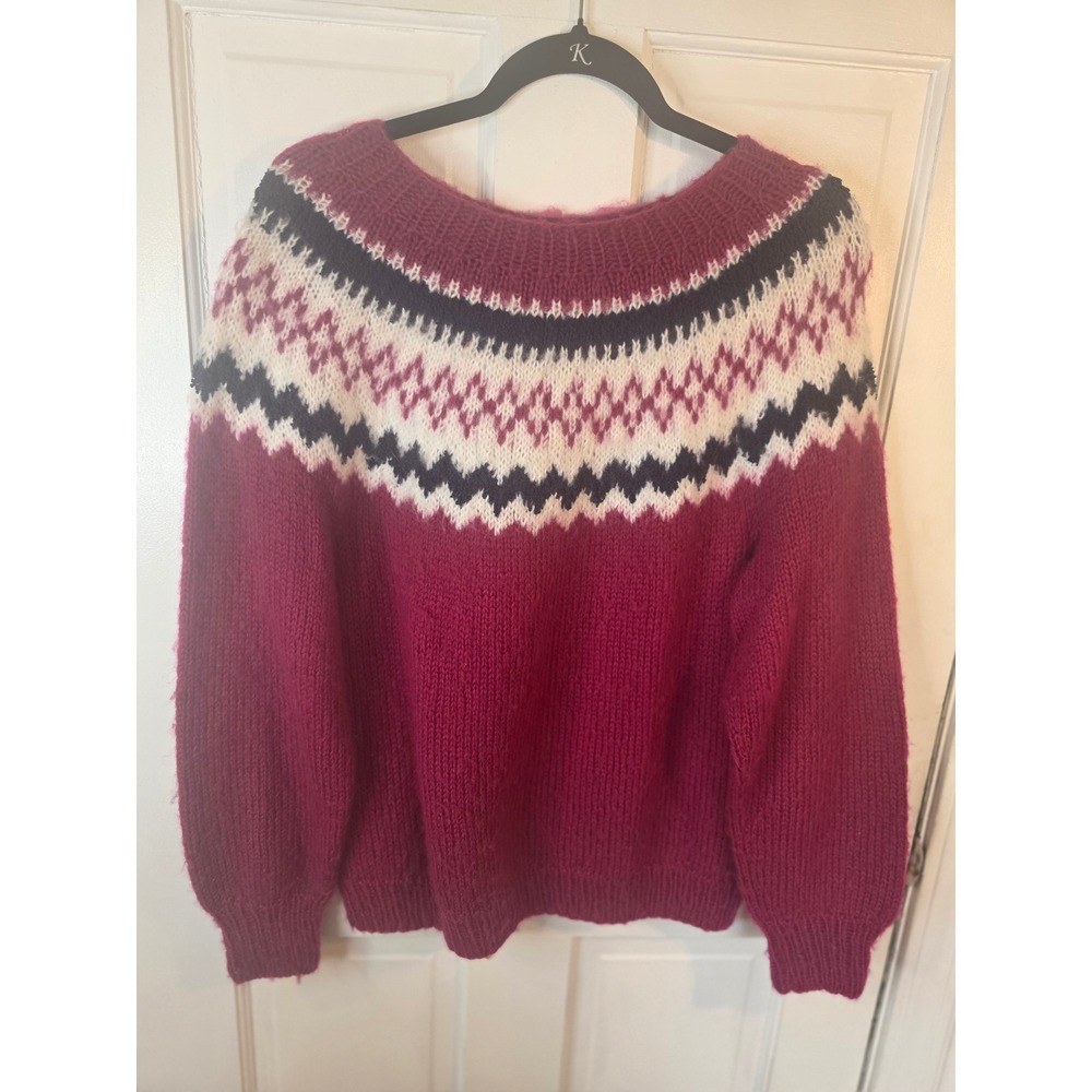 Fair Isle Knit Sweater Magenta Pink Navy White Nordic Yoke Pullover Chunky Knit